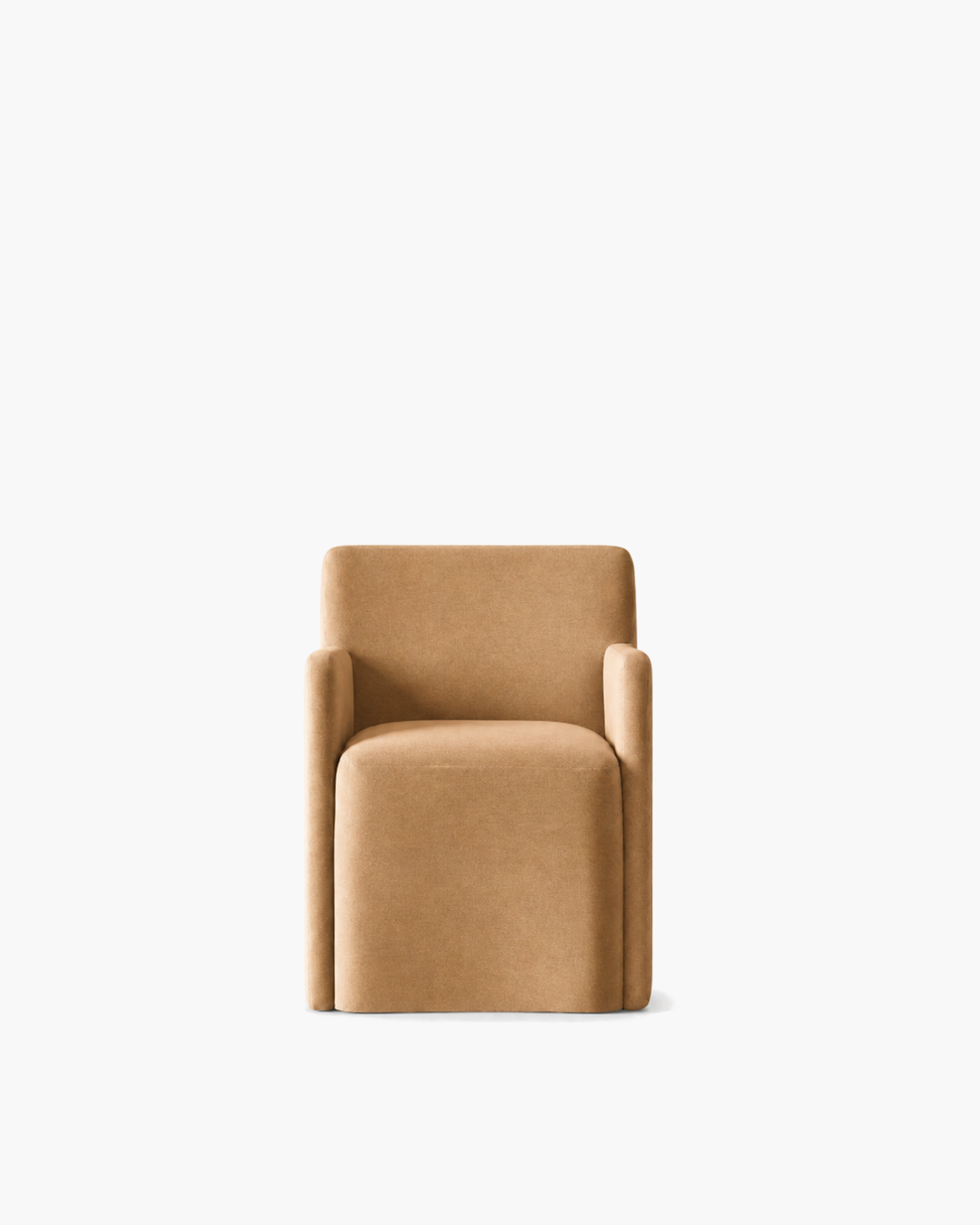 Aurelie Track Arm Fabric Dining Armchair in Camel — studio view