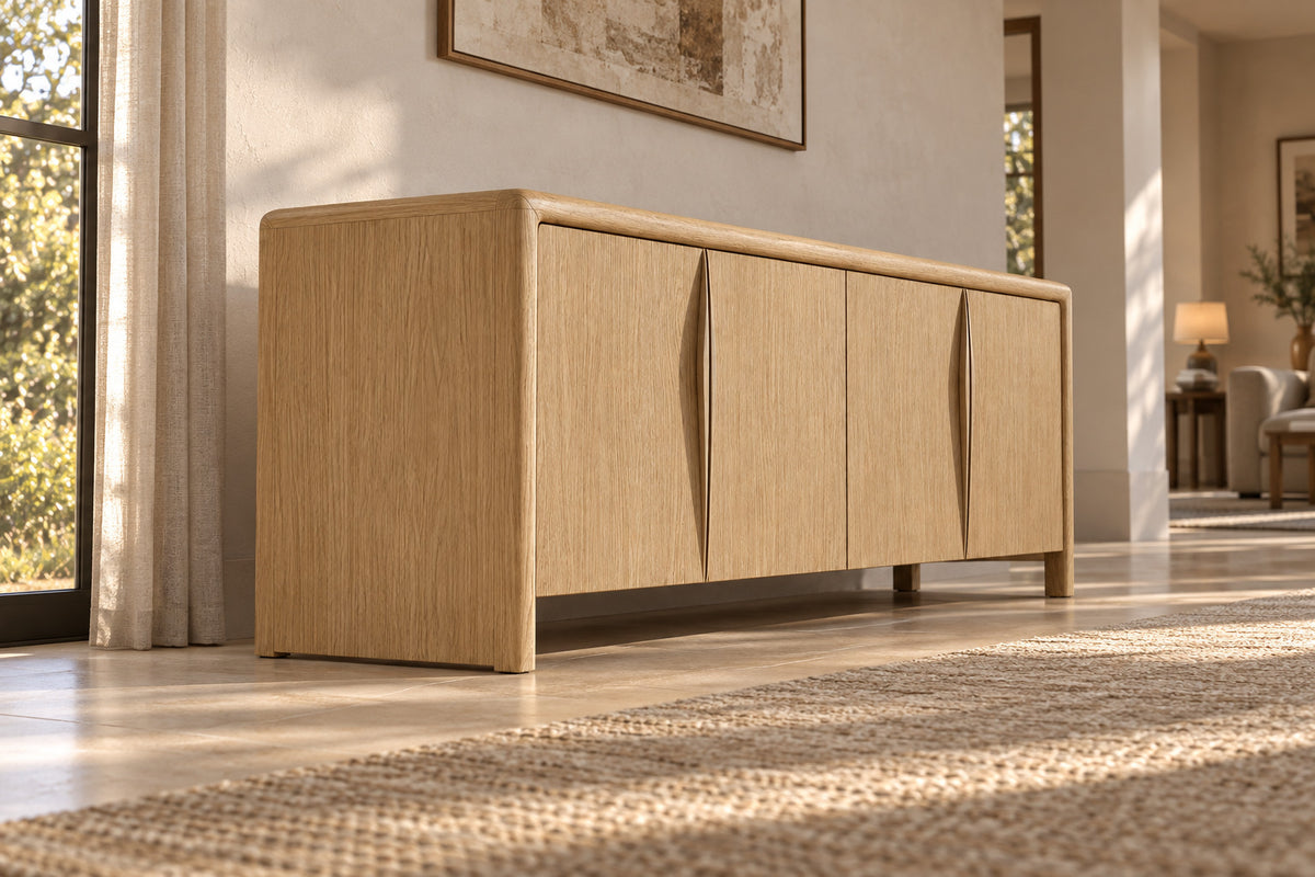 Gael Oak 4-Door Sideboard, low near-side-profile lifestyle view