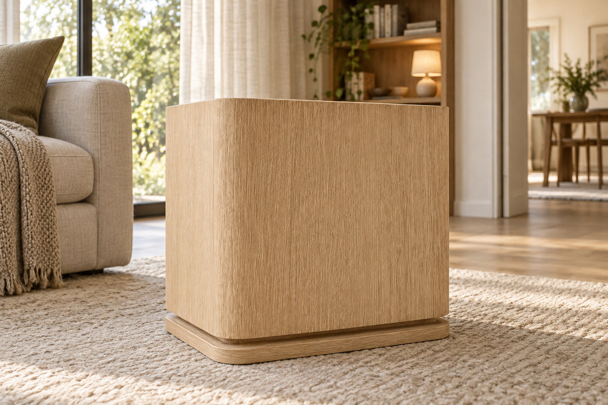 Ligné Plinth Square Side Table, low near-side-profile lifestyle view