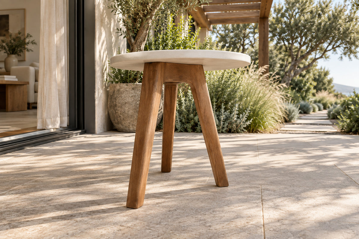 Menorca Side Table, low near-side-profile lifestyle view