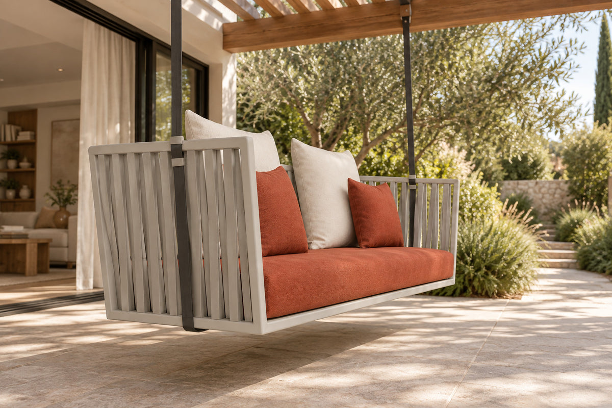Portico Swing Bench, low near-side-profile lifestyle view
