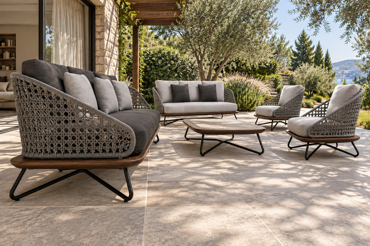 Positano Outdoor Sofa Set, low near-side-profile lifestyle view