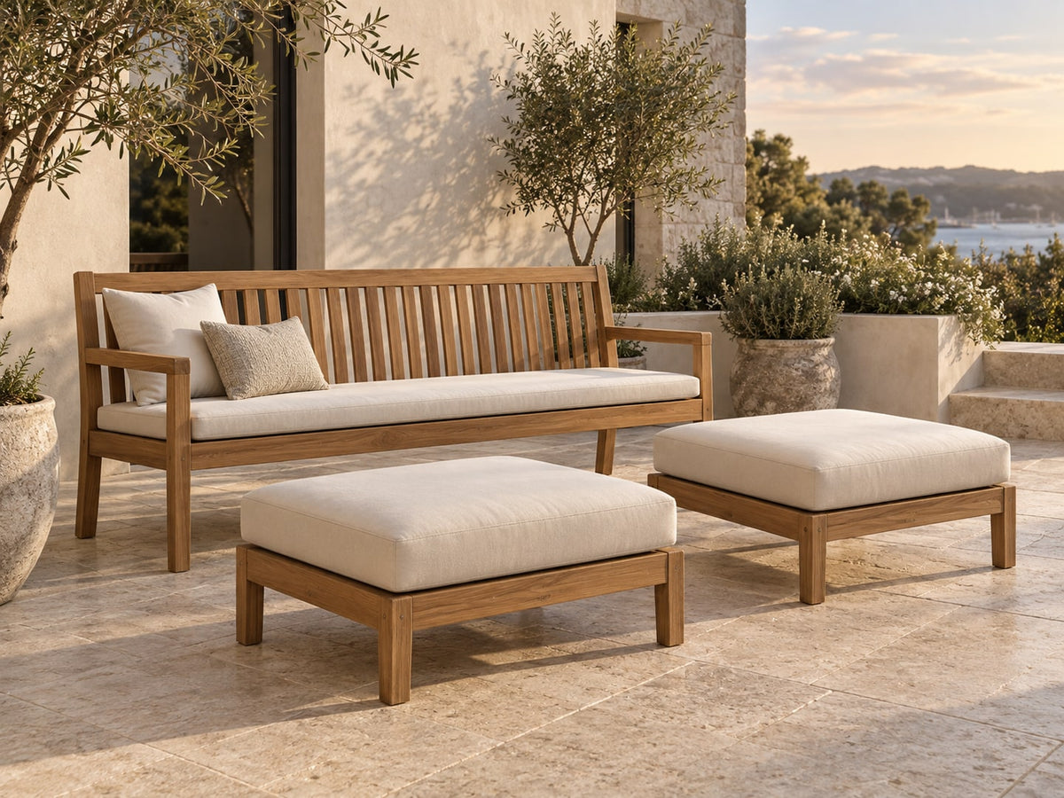 Benches & Ottomans in a landscaped outdoor setting