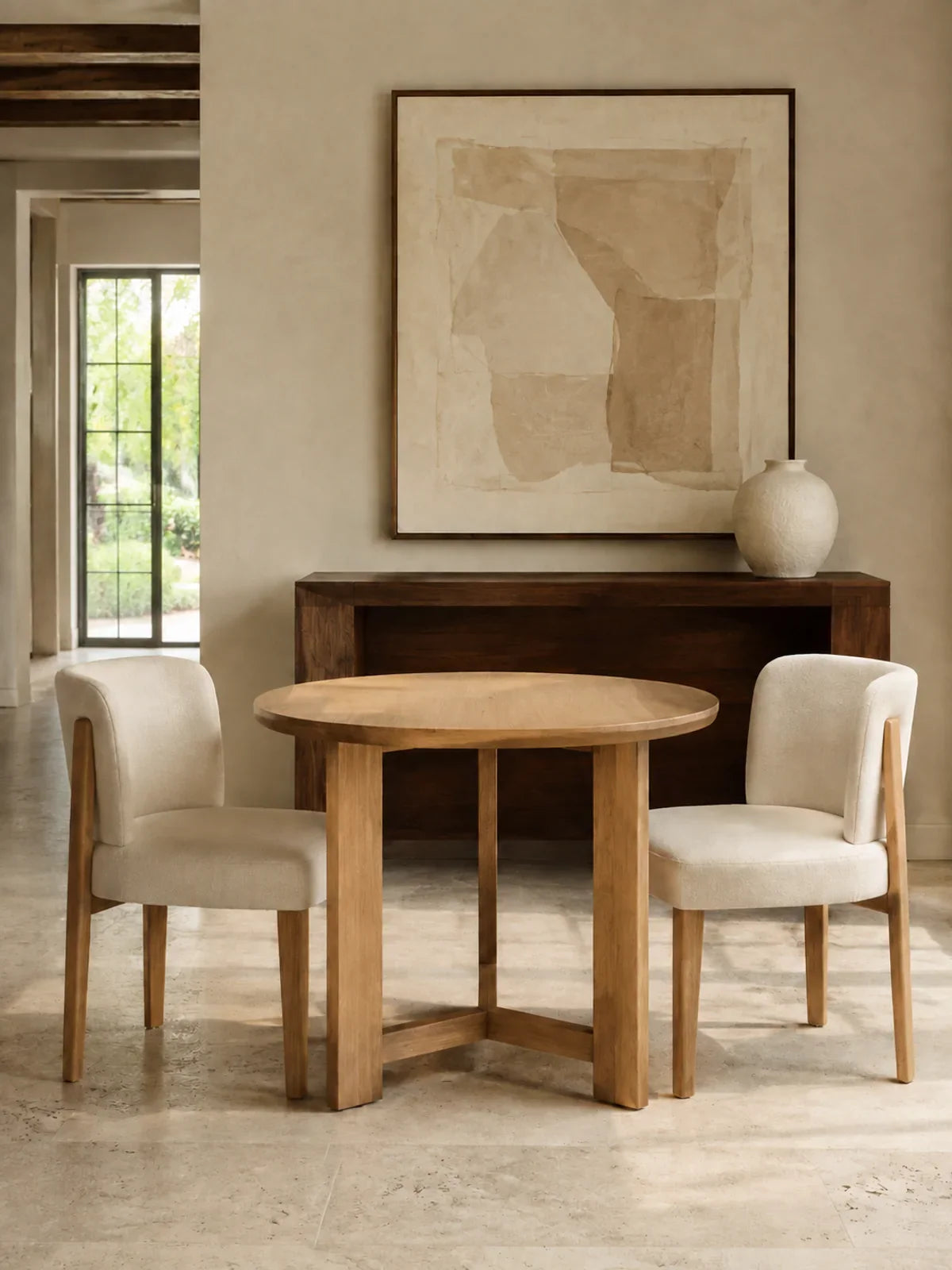 A complete dining nook with an elegant small oak dining table, two ivory upholstered dining chairs and a walnut console behind.