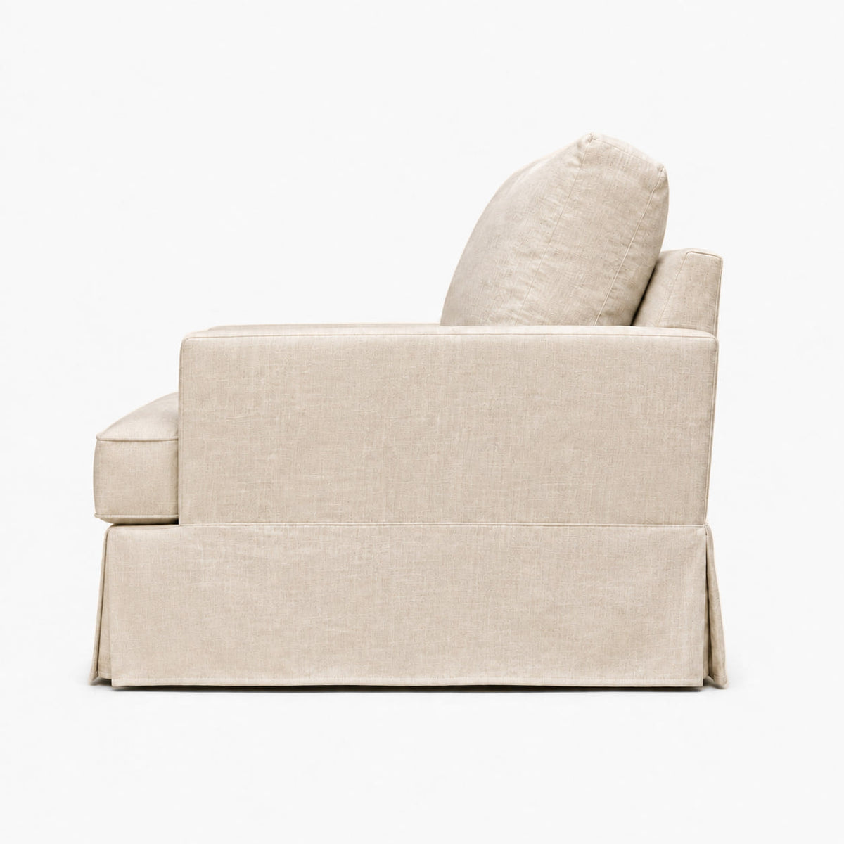 Belgian Slipcovered Track Arm Swivel Chair — side profile, studio