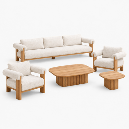 Ethereal Outdoor Sofa Set in Teak, elevated three-quarter square studio view