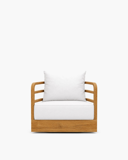 Vela Lounge Chair in Teak, supplier-matched studio view