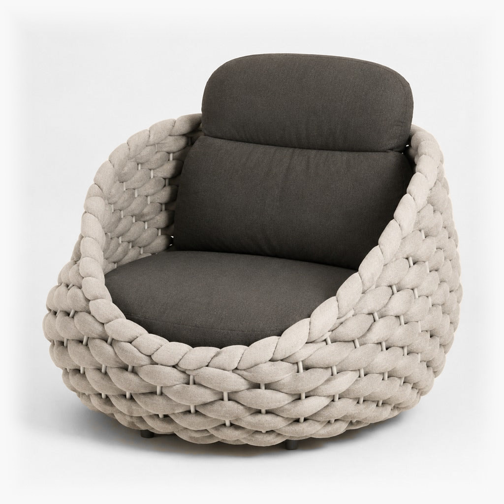 Cala pale rope lounge chair with charcoal seat and joined backrest and headrest, studio view