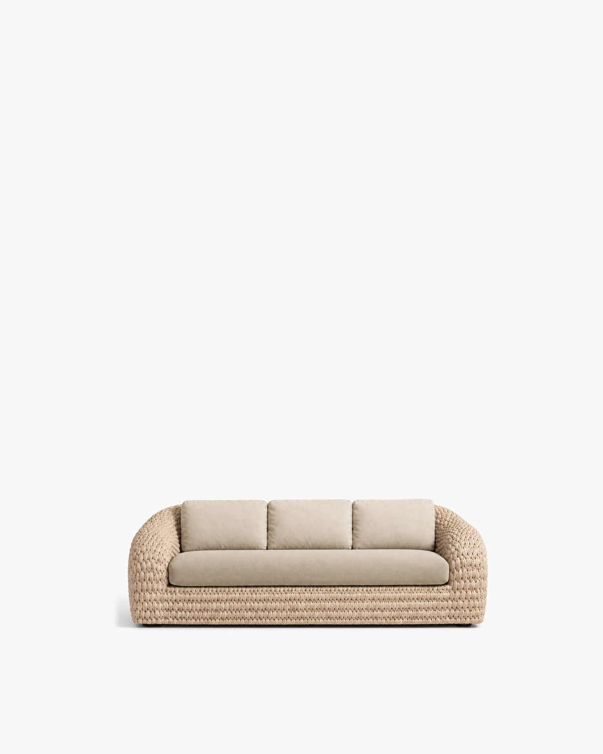 Marisol 180 cm bone knitted-rope sofa with three pale back cushions, studio view