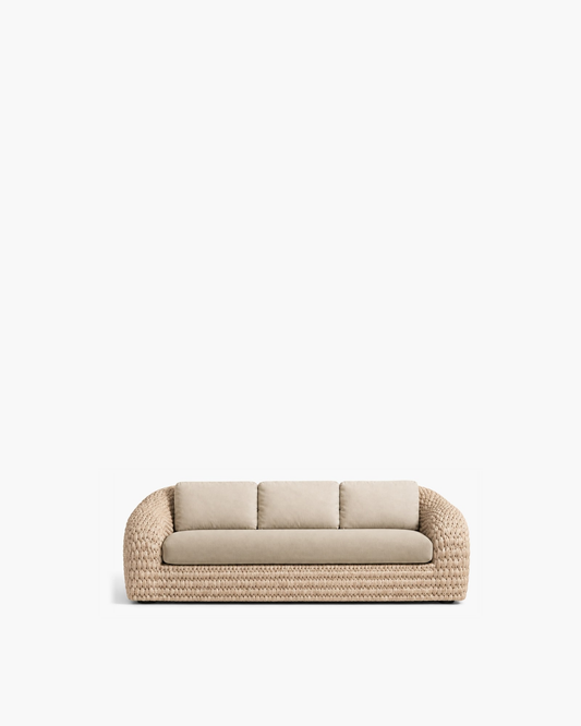 Marisol 180 cm bone knitted-rope sofa with three pale back cushions, studio view