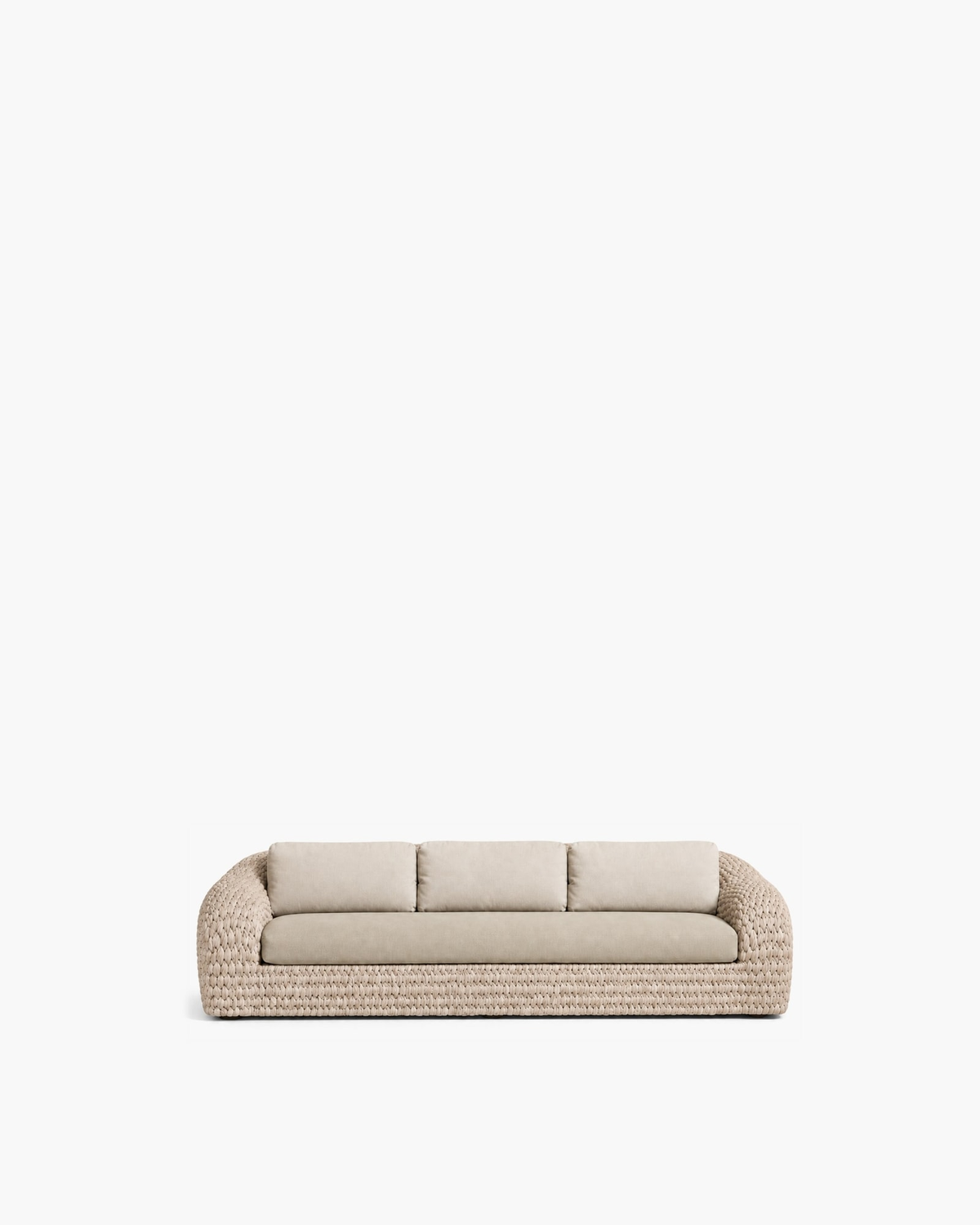 Marisol 220 cm bone knitted-rope sofa with three pale back cushions, studio view