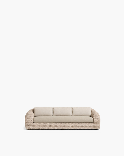 Marisol 220 cm bone knitted-rope sofa with three pale back cushions, studio view