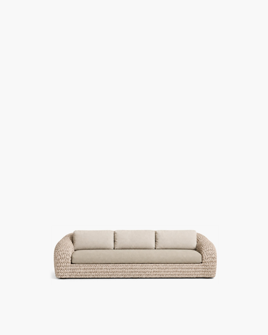 Marisol 220 cm bone knitted-rope sofa with three pale back cushions, studio view