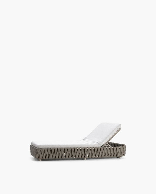 Linosa grey strap-woven sun lounger with a white adjustable mattress, studio view