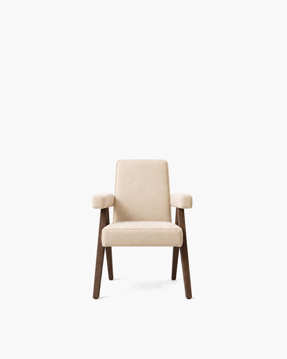 Jakob Fabric Dining Armchair in Dark Timber — studio view