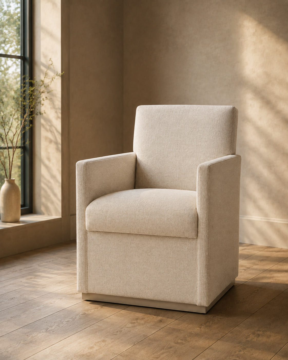 Ellison Track Arm Fabric Dining Armchair — photographed in a dining room, second view