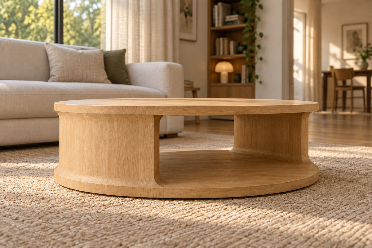 Baron Round Coffee Table, low near-side-profile lifestyle view