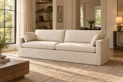 Belgian Slipcovered Track Arm Sofa, front-right three-quarter lifestyle view