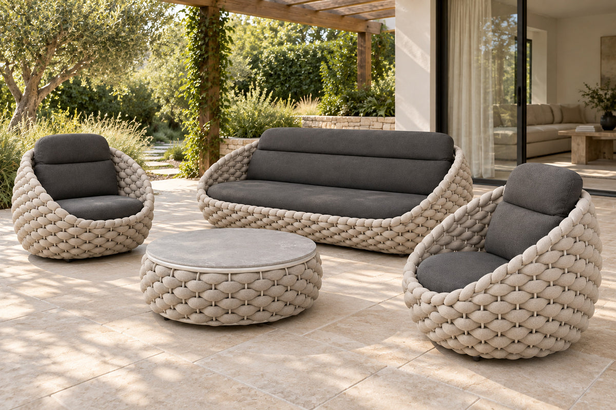 Cala Outdoor Sofa Set, front-right three-quarter lifestyle view