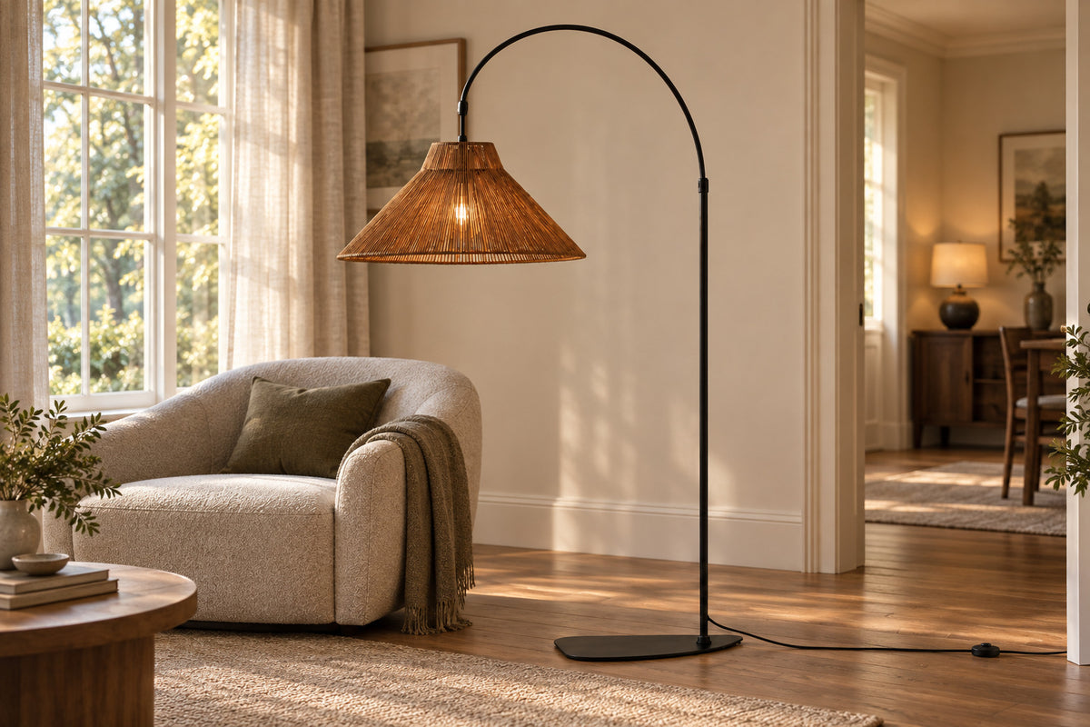 Cannella Arc Floor Lamp, Arc in Paper Rope, front-right three-quarter lifestyle view
