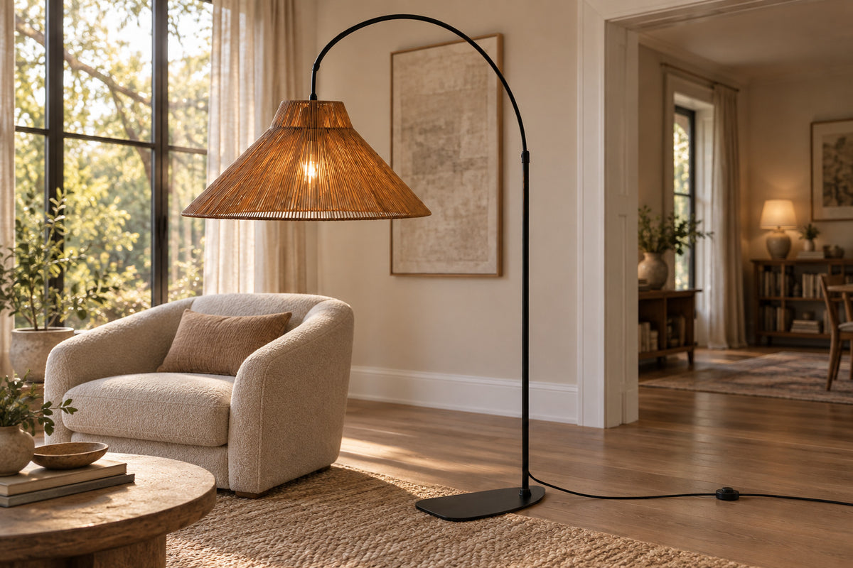 Cannella Arc Floor Lamp, Arc, low near-side-profile lifestyle view
