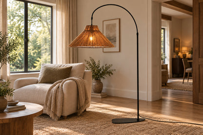 Cannella Arc Floor Lamp, Arc, front-right three-quarter lifestyle view