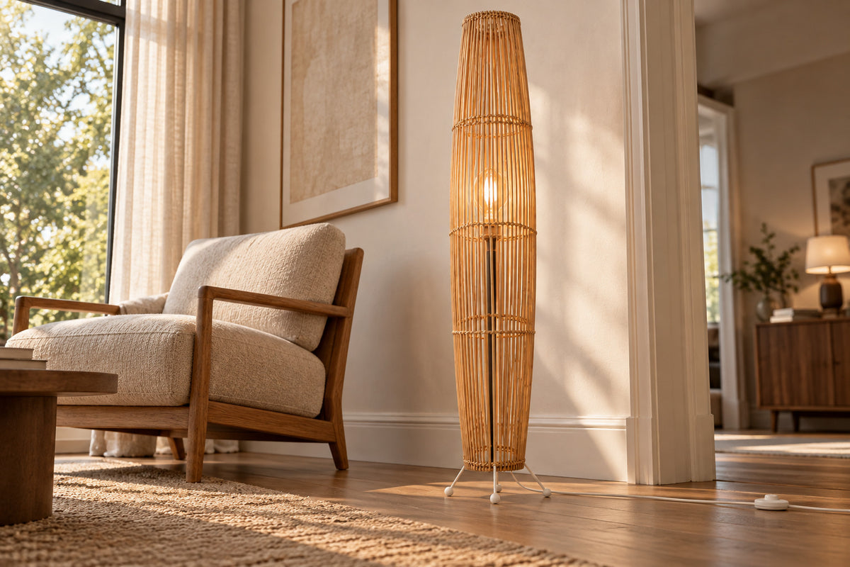 Cannella Floor Lamp, Column, low near-side-profile lifestyle view
