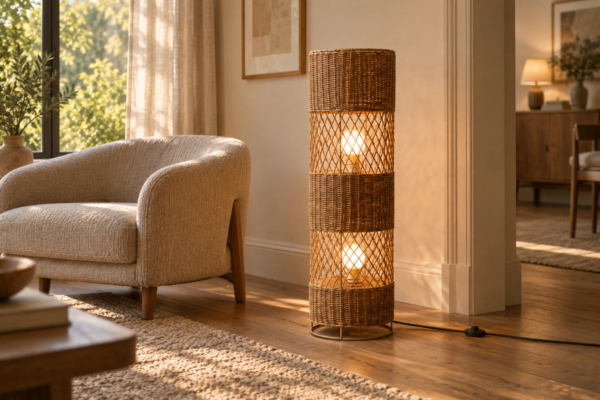 Cannella Floor Lamp, Low Column, front-right three-quarter lifestyle view