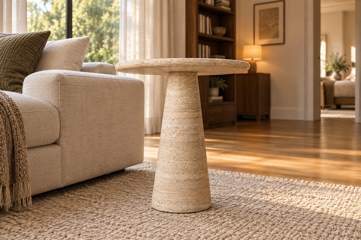 Cellini Round Side Table, low near-side-profile lifestyle view