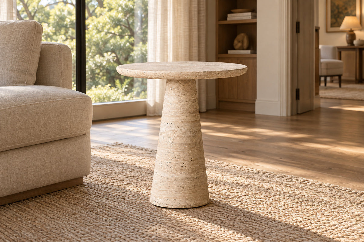 Cellini Round Side Table, front-right three-quarter lifestyle view