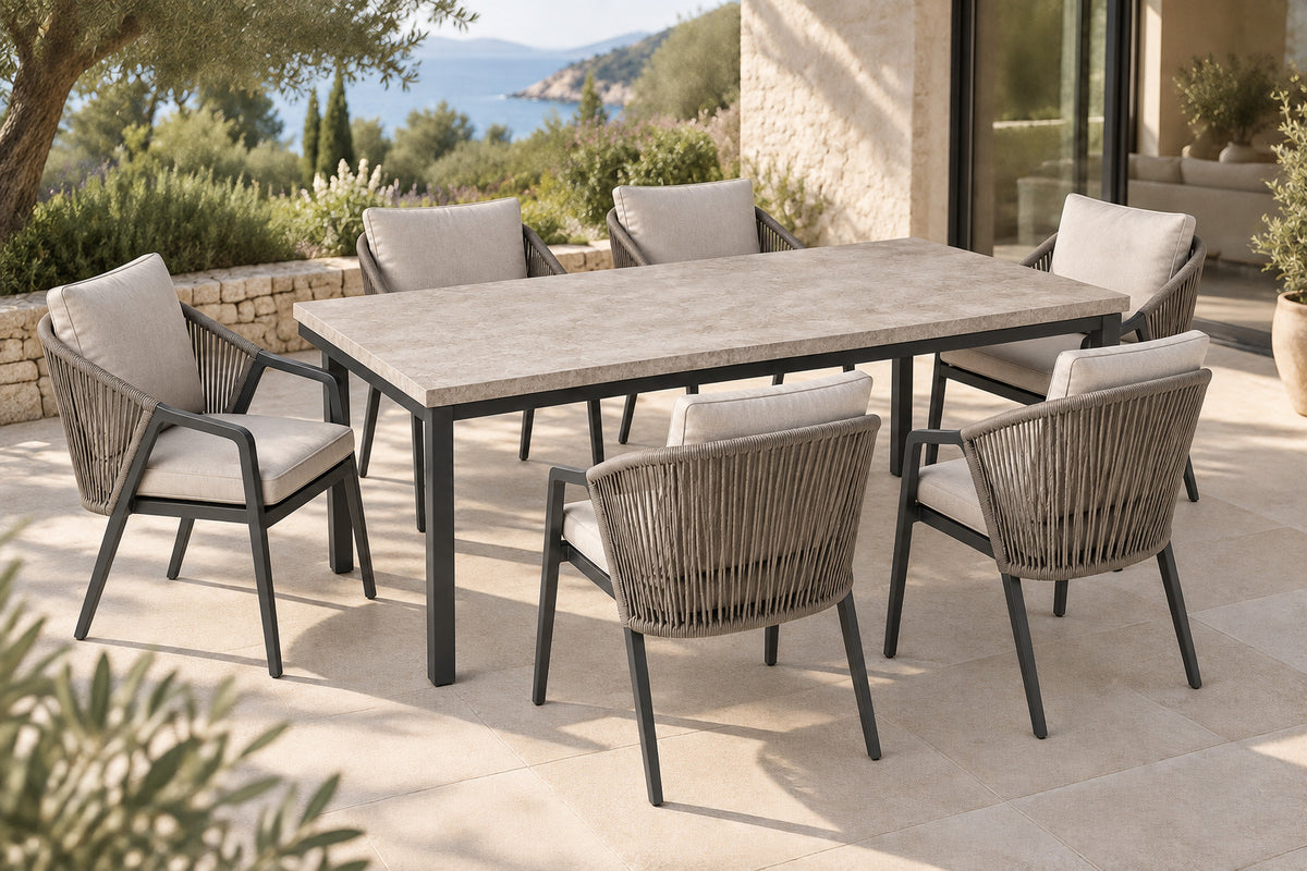 Comporta Outdoor Dining Set, elevated front-left diagonal lifestyle view