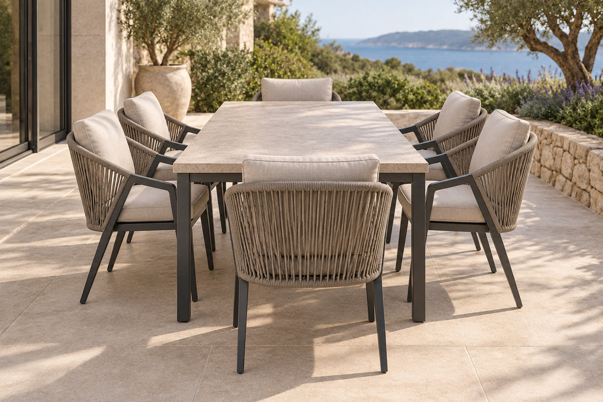 Comporta Outdoor Dining Set, low near-side-profile lifestyle view