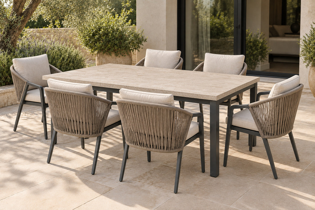 Comporta Outdoor Dining Set, front-right three-quarter lifestyle view