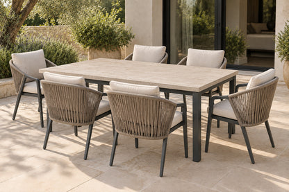 Comporta Outdoor Dining Set, front-right three-quarter lifestyle view