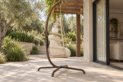 Corda Hanging Chair with Stand, low near-side-profile lifestyle view