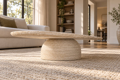 Cupola Carved Round Coffee Table, low near-side-profile lifestyle view