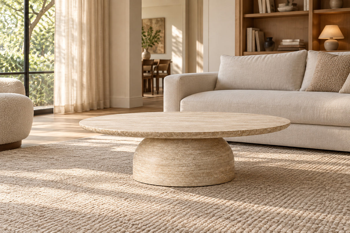 Cupola Carved Round Coffee Table, front-right three-quarter lifestyle view