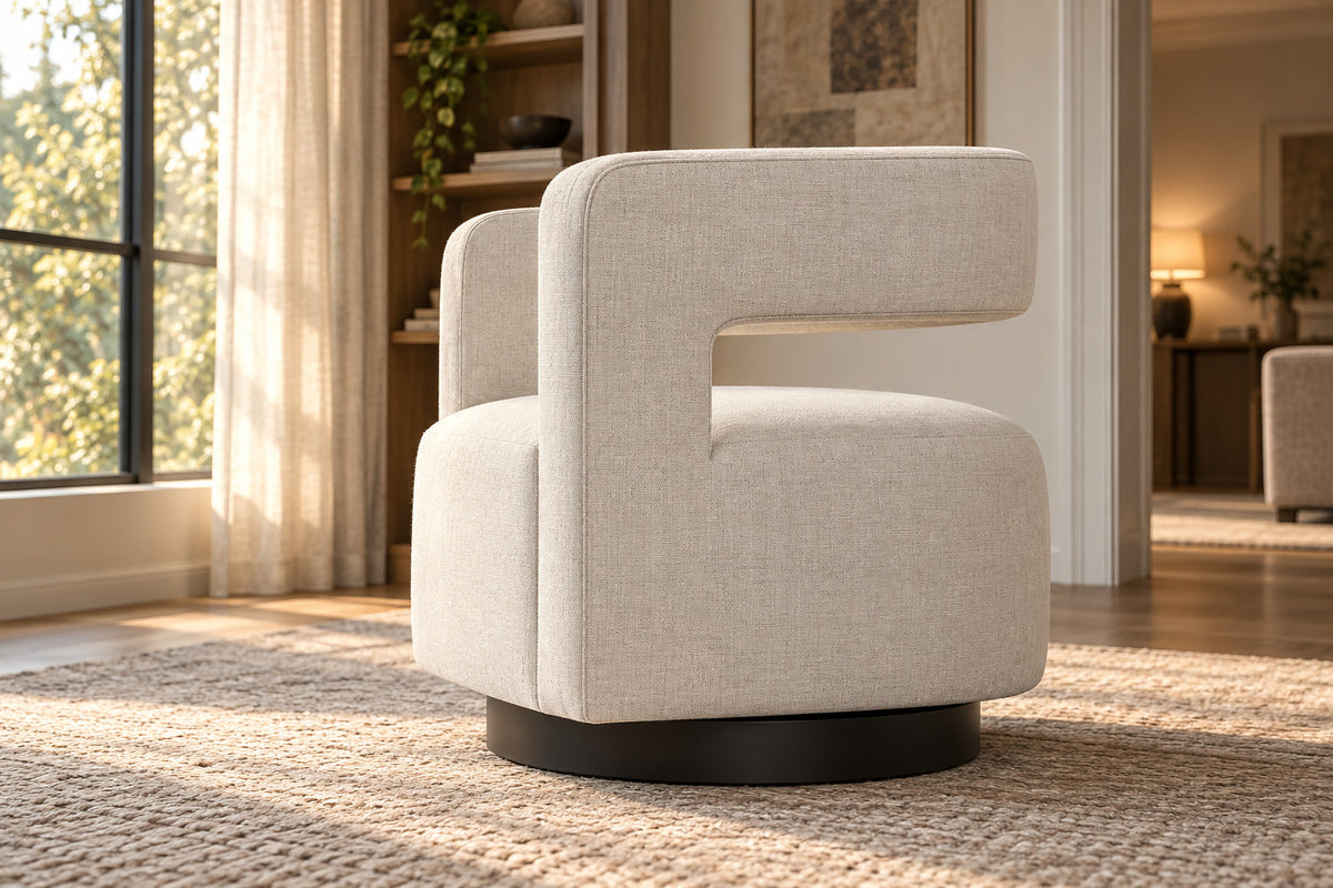 Drew Curved Swivel Chair, low near-side-profile lifestyle view