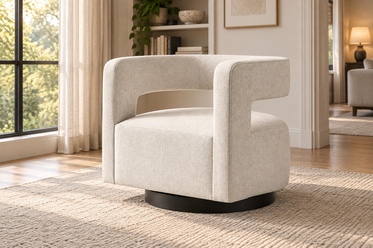 Drew Curved Swivel Chair, front-right three-quarter lifestyle view