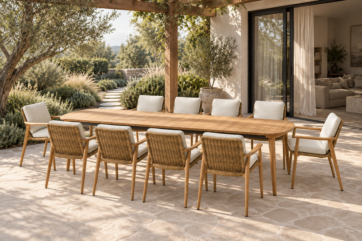 Estoril Outdoor Dining Set, front-right three-quarter lifestyle view