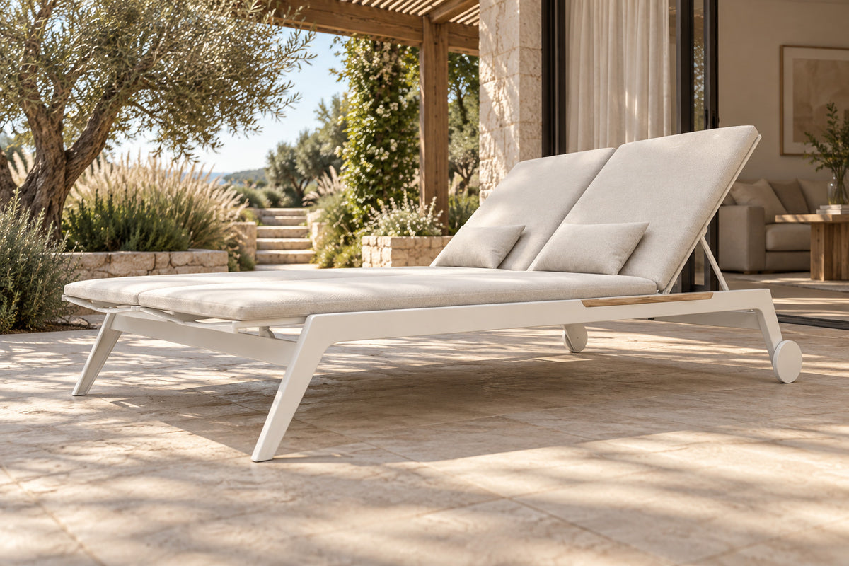 Faro Double Sun Lounger, low near-side-profile lifestyle view