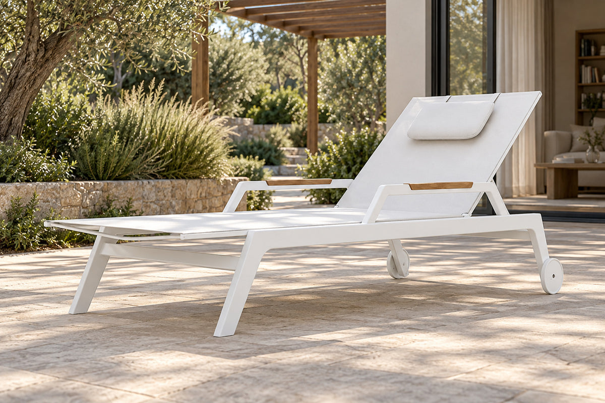 Faro Sun Lounger, low near-side-profile lifestyle view