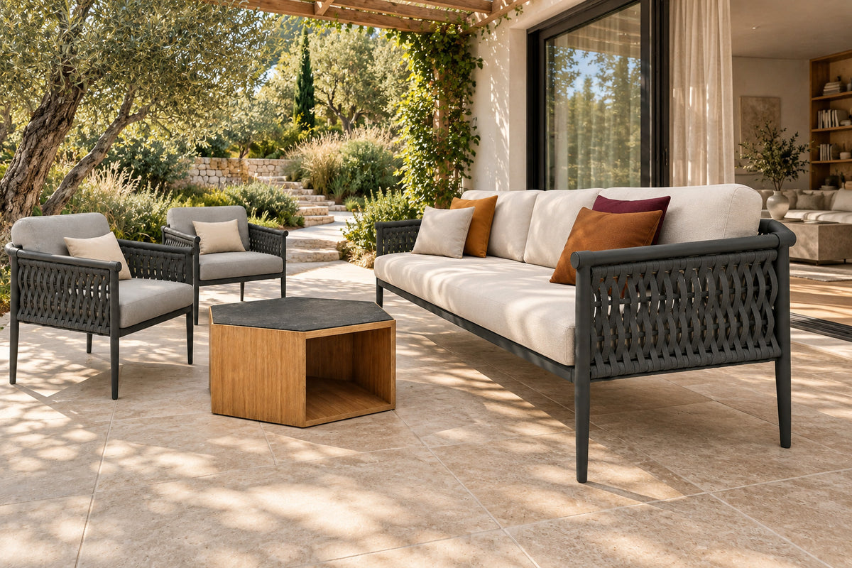 Formentera Outdoor Sofa Set, low near-side-profile lifestyle view
