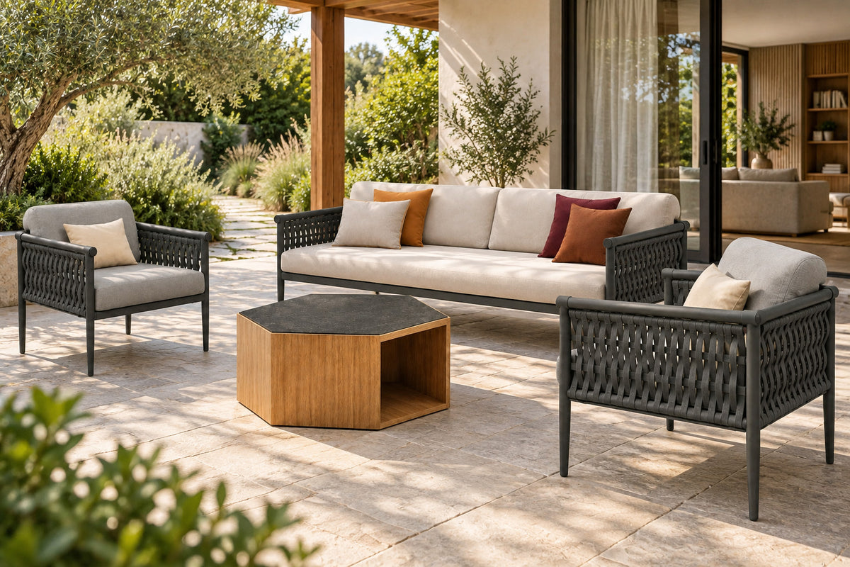 Formentera Outdoor Sofa Set, front-right three-quarter lifestyle view