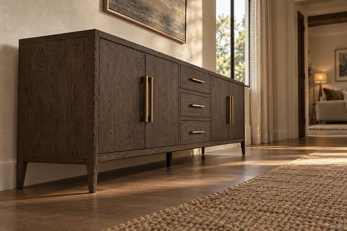 French Contemporary 4-Door Sideboard with Drawers, low near-side-profile lifestyle view