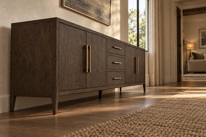 French Contemporary 4-Door Sideboard with Drawers, low near-side-profile lifestyle view