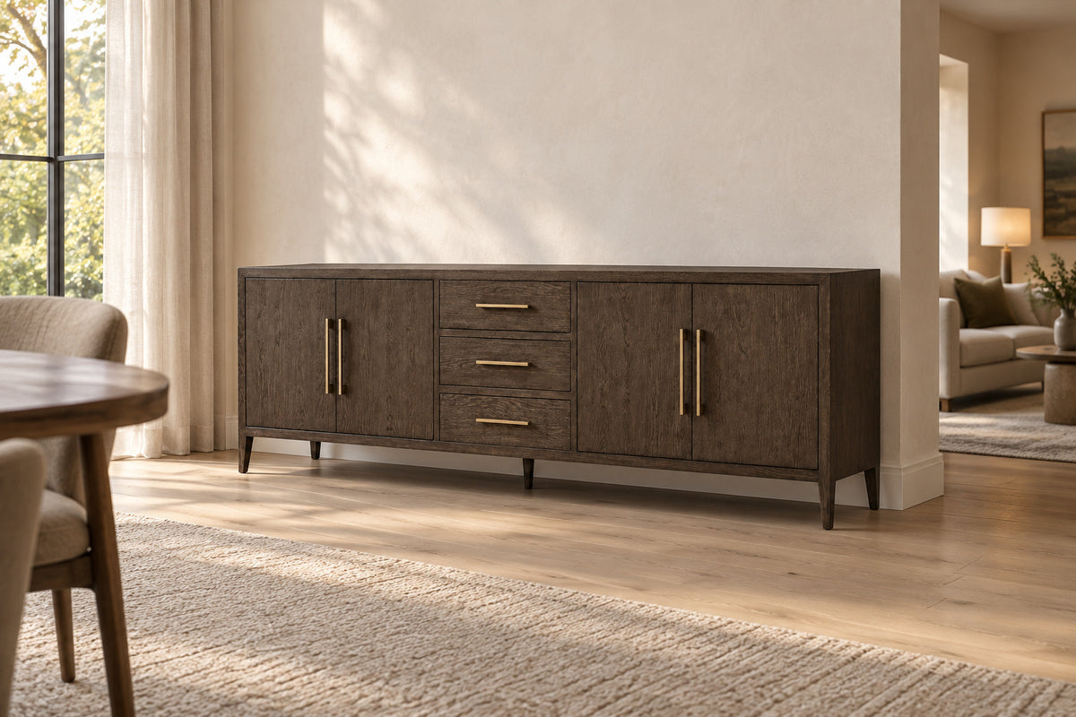 French Contemporary 4-Door Sideboard with Drawers, front-right three-quarter lifestyle view
