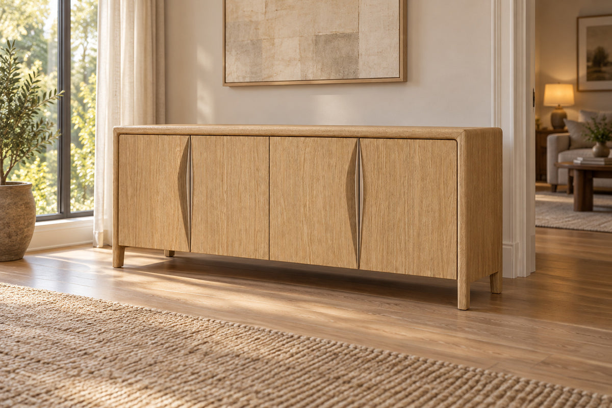 Gael Oak 4-Door Sideboard, front-right three-quarter lifestyle view