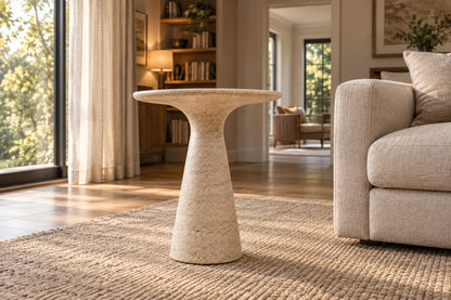Gio Stone Round Side Table, low near-side-profile lifestyle view