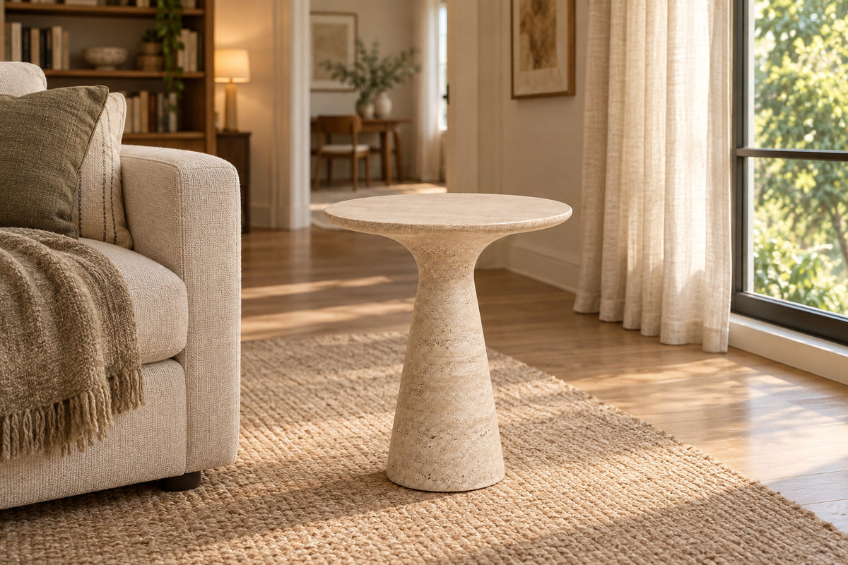 Gio Stone Round Side Table, front-right three-quarter lifestyle view